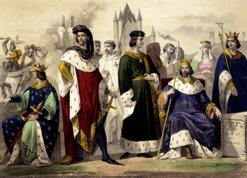Die Kapetinger von 1270 bis 1322. Philipp III. der Kühne, Philipp IV. der Schöne, Ludwig X. der Zänker, Philipp V. der Lange, Karl IV. der Schöne. Gravur des 19. Jahrhunderts