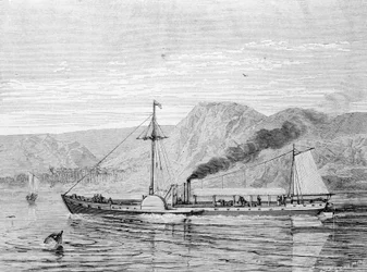 Die Clermont, ein Boot gebaut 1807 von Robert Fulton zur Verbindung von New York und Albany auf dem Hudson River. Gravur 19. Jahrhundert.