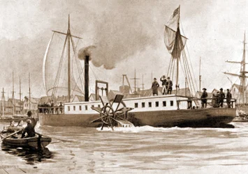 Die Clermont, ein 1807 von Robert Fulton (1765-1815) gebautes Schiff für die Verbindung New York - Albany auf dem Hudson River. 19. Jahrhundert