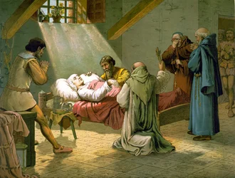 Der Tod von Christoph Kolumbus am 20/05/1506. Farbige Gravur aus dem 19. Jahrhundert