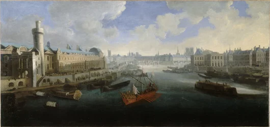 Die Grande Galerie des Louvre mit der Porte Neuve, dem Pont-Neuf, der Cité, dem Collège des Quatres-Nations im Bau und dem Quai Malaquais, ca. 1665. Auf der Seine die königliche Galeere, zwischen 1660 und 1670