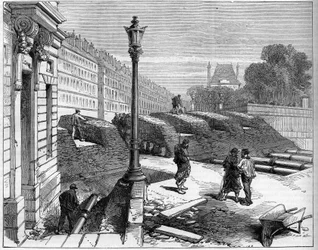 Die Pariser Kommune 1871. Barrikade der Föderierten (Kommunarden) an der Ecke Rue de Rivoli und Place de la Concorde.