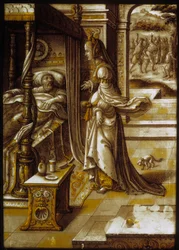 Die phönizische Prinzessin Isebel verspricht ihrem Ehemann Ahab, der verärgert ist, weil er den Weinberg von Naboth nicht bekommen hat, ihn für sie zu beschaffen. Glasmalerei des 16. Jahrhunderts