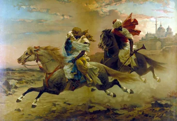 Die Entführung aus dem Harem: Zwei maurische Reiter entführen eine junge Frau.
