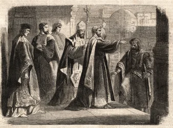 Der Erzbischof Saint Ambrose von Mailand (Aurelius Ambrosius, Ambrogio di Milano (340-397) verbot dem römischen Kaiser Theodosius I. (Flavius Theodosius) (347-395) den Eintritt in die Kirche, um ihn für das Massaker von Thessaloniki im Jahr 390 zu bestrafe