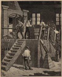 Die Kunst des Glases: Glasarbeiter stellen Glas nach der französischen Methode her. Gravur von 1885 in „Les arts et metiers illustres“ von Adolphe BITARD