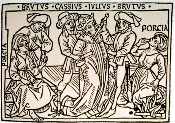 Die Ermordung von Julius Caesar (100-44 v. Chr.): Er wird von Brutus und Cassius erstochen, während Porcia, die Frau von Brutus, verschwindet. Xylographie des 16. Jahrhunderts Rom, Biblioteca Vallicelliana