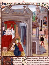 Die Geburt Alexanders des Großen (356-323 v. Chr.), Sohn von Olympias und Nektanebo II. Miniatur aus „Geschichte Alexanders des Großen“ von Quintus Curtius Rufus (1. Jahrhundert n. Chr.) 15. Jahrhundert, Chantilly, Museum Conde