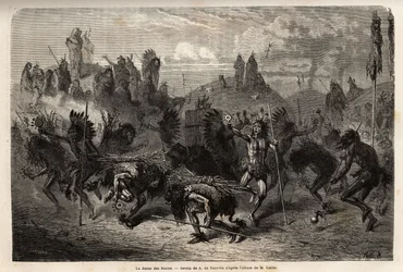 Der Bison-Tanz, aufgeführt von den Kriegern der Mandan-Indianer (oder noumah ka kie: Fasane) am linken Ufer des Missouri. Gravur zur Illustration eines Ausflugs unter die Indianerstämme der Becken von Kolumbien und Ober-Missouri, von G. Catlin, veröffentli