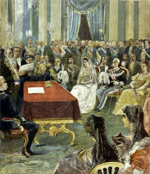 Die standesamtliche Trauung des Prinzen von Neapel - später Viktor Emanuel III. - mit Prinzessin Helene von Montenegro im Quirinalspalast 1896. In der Mitte ist Humbert I. links von der Braut zu sehen