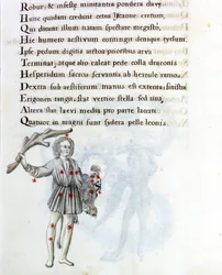 Die dargestellte Konstellation ist die des Bouvier (oder Boots), die das Haar von Berenices mit der linken Hand hält. Seite eines Manuskripts des 18. Jahrhunderts basierend auf dem Originalmanuskript „Astronomica“ von Biasino da Parma (Blaise von Parma) (1