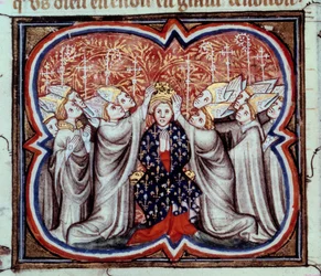 Die Krönung König Philipps II. August (1165-1223) in der Kathedrale von Reims am 1/11/1179. Miniatur aus einer Handschrift des 14. Jahrhunderts. Paris, Bibliothèque nationale