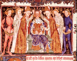 Die Krönung eines Königs, vermutlich König Richard II. von England (1367-1400). Miniatur aus der Handschrift über die Krönungsriten „Liber regalis“, 14. Jahrhundert. Pamplona, Archiv von Navarra