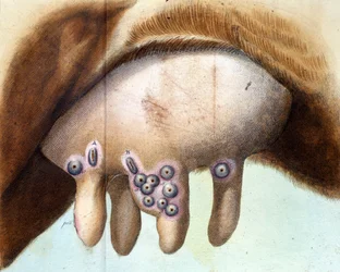 Die Kuhbrust, die Luigi Sacco (1769-1836) im Januar 1801 zur Impfung mit dem Pockenimpfstoff verwendete. Medizinische Tafel aus der „Abhandlung über die Impfung“ von Luigi Sacco, Mailand.