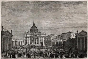 Die Menge strömte auf den Petersplatz im Vatikan, um den großen Ostersegen von Papst Pius IX. (1792-1878) zu empfangen. Gravur zur Illustration der Geschichte der Karwoche in Rom, 1863, von Ludovic Celler, in „Le tour du monde, nouveau journal des voyages“
