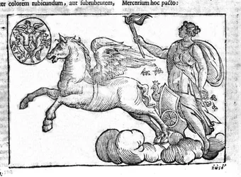 Die Morgenröte (der Sonnenwagen). Allegorie des Sonnenaufgangs mit Figuren der griechischen und römischen Mythologie am Himmel. Gravur aus „Mythologiae sive explicationes fabularum“ von Natalis Comitis. 1637