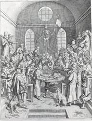 Die Sektion. Gruppe von Ärzten und Wissenschaftlern versammelt, um eine Sektion in einem Amphitheater zu verfolgen. Gravur von 1788