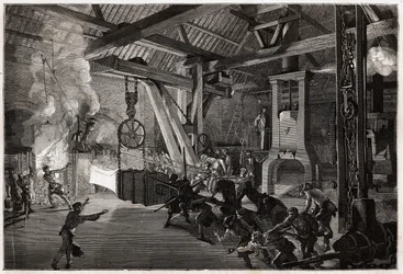 Der Schlagzeuger Hammer (Schlagzeuger) hat die Schmiede großer Werke; das riesige Stück zum Schmieden kommt aus dem Ofen, blendende Männer manövrieren, um es unter den Trommelstock zu bringen. Gravur zur Illustration einer Reise nach Creusot und den Minen 