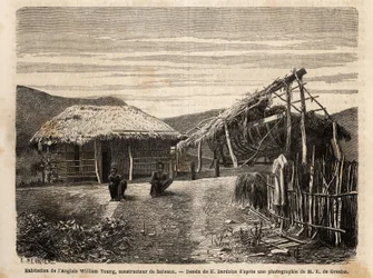 Die Wohnung und Werft eines englischen Bauherrn in Noumea, der indigene Arbeitskräfte einsetzt. Gravur zur Illustration der Reise nach Neukaledonien, von Jules Garnier, 1868