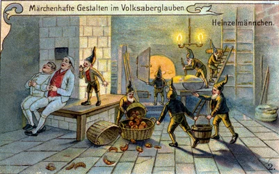 Die Elfen, wunderbare Figuren der Volkstradition: Sie bereiten Brot, während die Bäcker schlafen. Chromolithographie aus dem 19. Jahrhundert