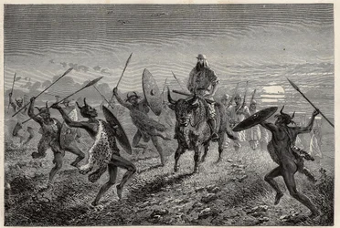 Die Eskorte des Reisenden Baker führt eine Fantasia auf, bevor sie zum Albertsee (oder Albert Nyanza) aufbricht. Illustration der Reise zum Albertsee, 1861-1864, von Sir Samuel White Baker, in "Le tour du monde, nouveau journal des voyages"