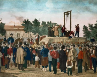 Hinrichtung von Felice Orsini (1819-1858) und Pieri am 13. März 1858, die das Attentat vom 14. Januar 1858 gegen Napoleon III. ausführten