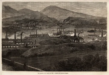 Die Fabriken des Taff-Tals. Zeichnung von Durand Brager, zur Illustration eines Besuchs der großen Fabriken in Wales im Jahr 1862, von L. Simonin. Gravur in „Le tour du monde“, herausgegeben von Edouard Charton