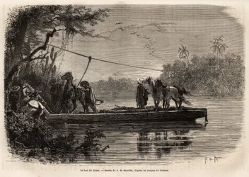 Die Fähre zur Überquerung des Cauca-Flusses. Gravur zur Illustration der Reise nach Neugranada, von Dr. Saffray, 1869, veröffentlicht in 