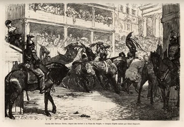 Das freie Pferderennen, das während des Karnevals viermal organisiert wird, beginnt auf dem Volksplatz, dann galoppieren die Pferde auf dem Corso zur Venedig-Platz, wo die Preise überreicht werden. Gravur zur Illustration der Reise nach Rom, von Francis We