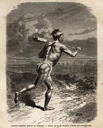 Der kaiserliche Läufer, der die Depeschen des Mikado trägt. Gravur zur Illustration der Reise nach Japan, in den Jahren 1863-1864, von Aime Humbert, Minister der Schweizerischen Eidgenossenschaft, in „Le tour du monde, nouveau journal des voyages“ veröffen