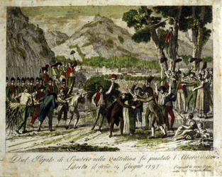 Die Einwohner von Sondrio de la Valtellina pflanzen den Baum der Freiheit, Symbol des Sieges über das Alte Regime. 14.06.1797. Gravur