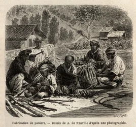 Die Herstellung von Palmblattkörben zur Kaffeebereitung. Gravur zur Illustration der Reise nach Brasilien, Geschichte von M. und Mme Agassiz, 1865-1866, veröffentlicht in „Le tour du monde, nouveau journal des voyages“, unter der Leitung von Edouard Charto