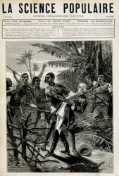 Die Märtyrer der Geographischen Wissenschaft: Tod von Captain Cook. Titelbild „La Science populaire“ vom 27. Mai 1880.