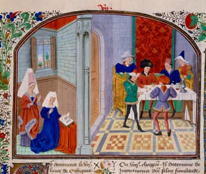 Das Miniaturspiel aus dem Manuskript „Kommentar zur Ethik“ des griechischen Philosophen Aristoteles (383-322 v. Chr.) übersetzt von Nicolas Oresme (1325-1382)