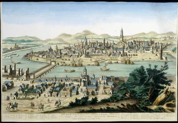 Der Hafen und die Stadt Sevilla - Gravur aus dem 18. Jahrhundert.