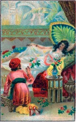 Der Prinz und die Prinzessin. Märchen „Histoire du cheval enchanté“ in „Les mille et une nuits“ (die 1001 Nächte oder Le mille e una notte, Arabian Nights). Chromolithographie aus dem späten 19. Jahrhundert.