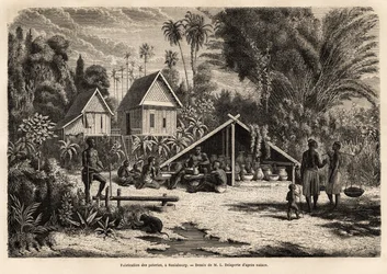 Die Herstellung von Töpferwaren in Saniaboury (Laos). Gravur zur Illustration der Entdeckungsreise in Indochina, von Francis Garnier, Leutnant de Vaissseau, 1866-1868, veröffentlicht in „Le tour du monde“ 1870-1871, herausgegeben von Edouard Charton, Ausga