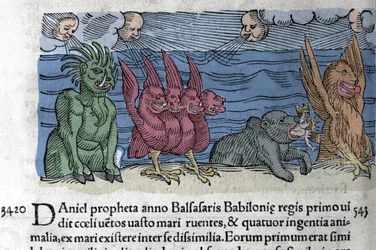 Der Prophet Daniel sieht Monster erscheinen: Haniel, Kafziel, Azriel, Aniel. Gravur aus „The Book of Prodigiorum ac ostentorum Chronicon Basileae“ von Wolfhart (Conrad Lycosthene) 1557