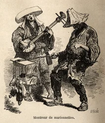 Das Puppenspiel und der Musiker, der ihn für Straßenunterhaltung begleitet. Gravur zur Illustration der Reise nach Japan, von Aime Humbert, Minister der Schweizerischen Eidgenossenschaft, veröffentlicht in „Le tour du monde, nouveau journal des voyages“, u