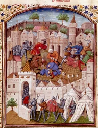 Die Belagerung einer Stadt und das Massaker an ihren Bewohnern - Miniatur aus „Die Taten der Römer“ (oder Li Fet der Römer), zusammengetragen von Saluste und Suetoine und Lucan. 15. Jahrhundert