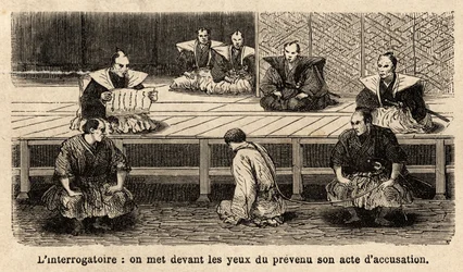 Die Stufen der Gerechtigkeit: Verhör, Verlesung der Anklageschrift an den Angeklagten, der vor seinen Richtern steht, kniet, sein Hals wird von einem Seil gehalten, das ein Wächter hält. Illustration der Reise nach Japan, 1863-1864, von Aime Humbert, Minis