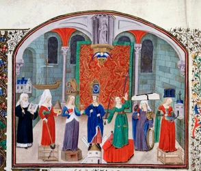 Theorie der theologischen und kardinalen Tugenden. Miniatur aus dem Manuskript „Kommentar zur politischen und wirtschaftlichen Ethik“ von Aristoteles (383-322 v. Chr.), übersetzt von Nicolas Oresme