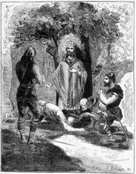 Drei der Henker von Saint Leger (616-677) warfen sich zu seinen Füßen, um Vergebung zu bitten. Gravur aus dem 19. Jahrhundert
