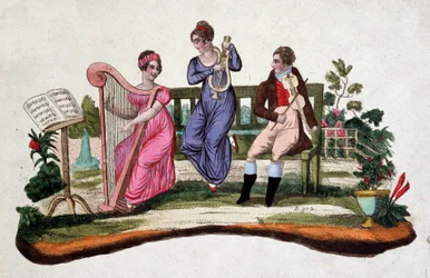 Drei Personen spielen Musikinstrumente in einem Garten: Harfe, Leier, Viola. Radierung, 18. Jahrhundert