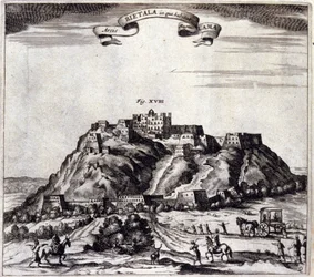Tibet. Ansicht des Potala, Palast des Dalai Lama in Lhasa. „De China Monumenta“ von Athanasius Kircher (1601 - 1680), Jesuit, Orientalist und deutscher Gelehrter, Amsterdam 1667.