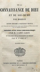 Titelseite von „Die Erkenntnis Gottes und des Selbst“ von dem französischen Theologen und Bischof Jacques-Bénigne Bossuet (1627-1704). 1857.