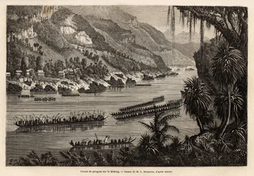 Traditionelles Kanurennen auf dem Mekong, jedes Jahr am Ende der Regenzeit organisiert, als prestigeträchtiger Wettbewerb zwischen den Fischerei- und Bauerndörfern in der Nähe des Flusses. Gravur zur Illustration der Entdeckungsreise in Indochina, von Fran