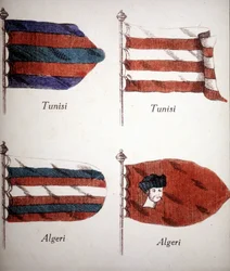 Tunesische und algerische Flaggen aus dem Ende des 18. Jahrhunderts.