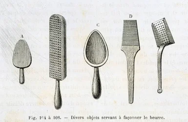 Verschiedene Gegenstände zur Butterformung - in „Die Wunder der Industrie“ von Louis Figuier