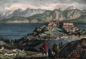 Ansicht von Candle und der Atlas-Kette, Stadt, die 1833 von General Trézel der französischen Armee Afrikas eingenommen wurde. In „Storia d